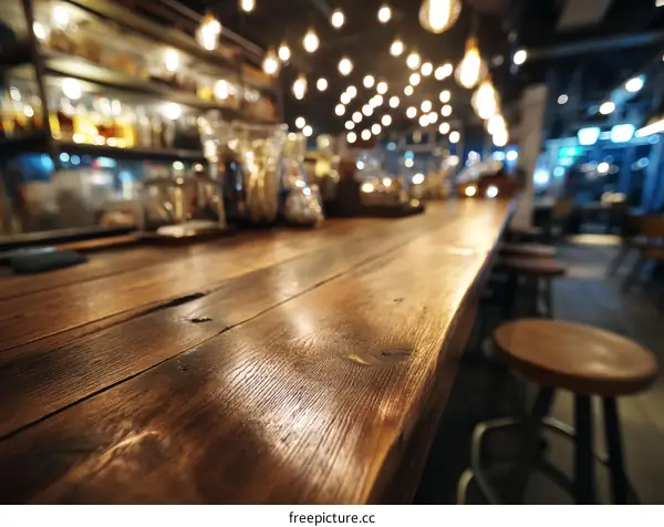Rustic Wooden Bar Counter in a Lively Pub