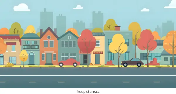 Autumn Street View with Row of Houses and Cars