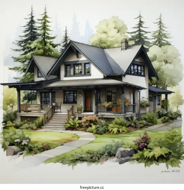 An illustration of a beautiful house with a garden