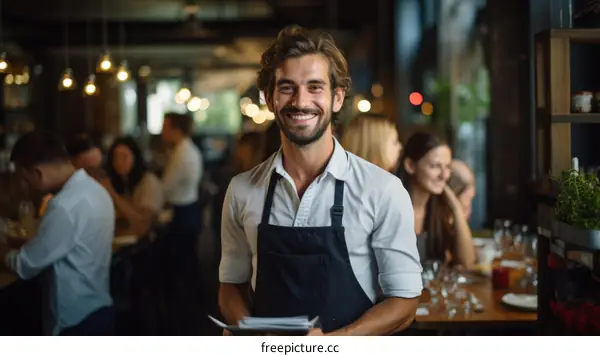 Portrait of a waiter holding a notepad and pen in a restaurant