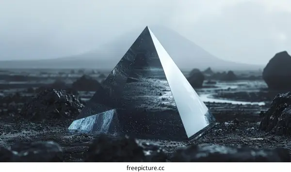A Dark and Mysterious Pyramid Amidst a Rocky Landscape