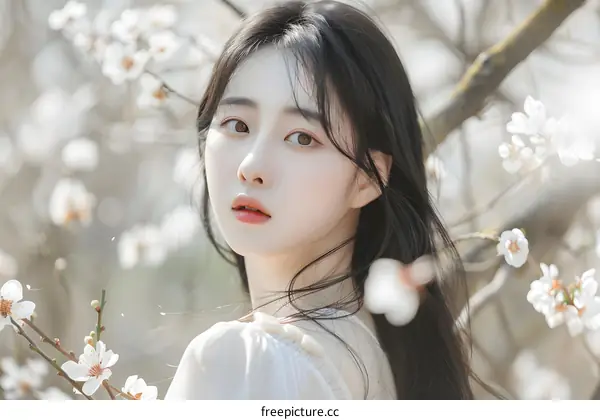 Beautiful Asian Woman with Black Hair and White Dress in Spring Flowers