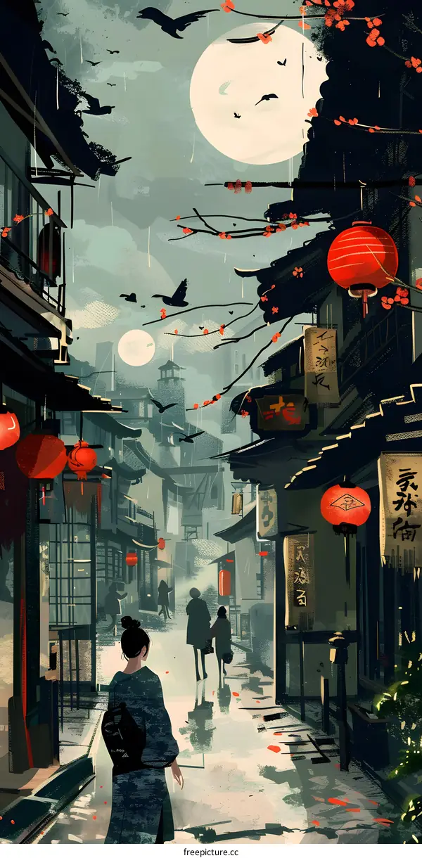 Japanese Street Illustration with a Woman in a Kimono Walking Under a Full Moon