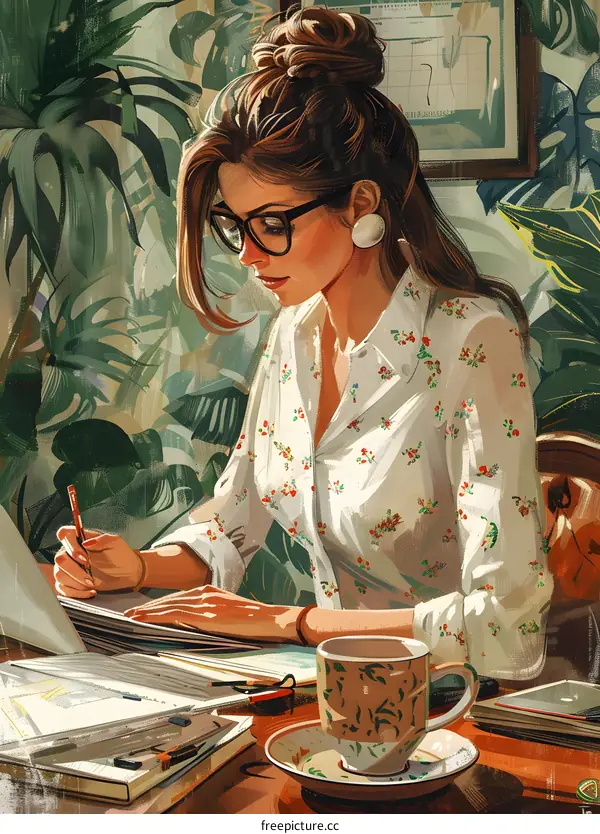 Woman Writing at a Desk in a Room with Tropical Plants