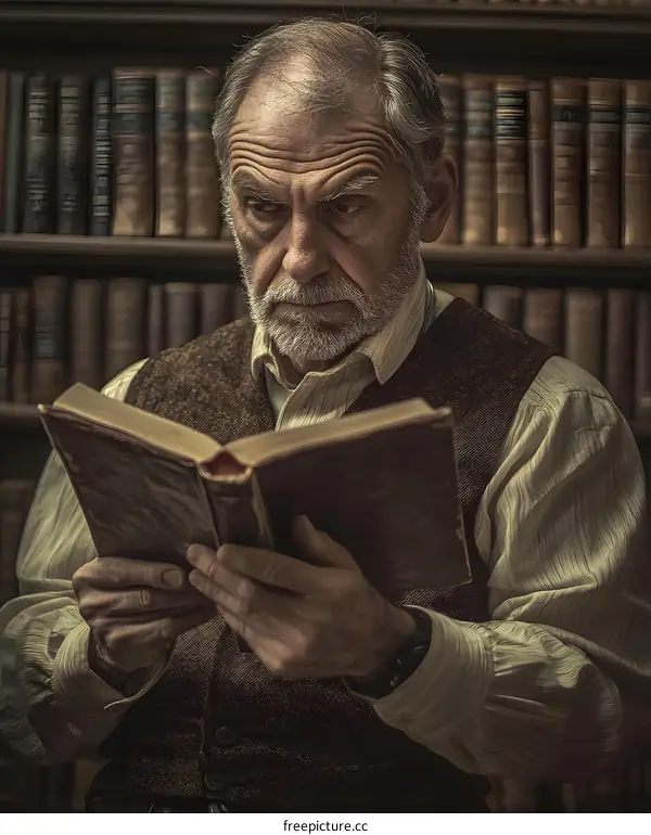 Portrait of a Senior Man Reading a Book in a Library