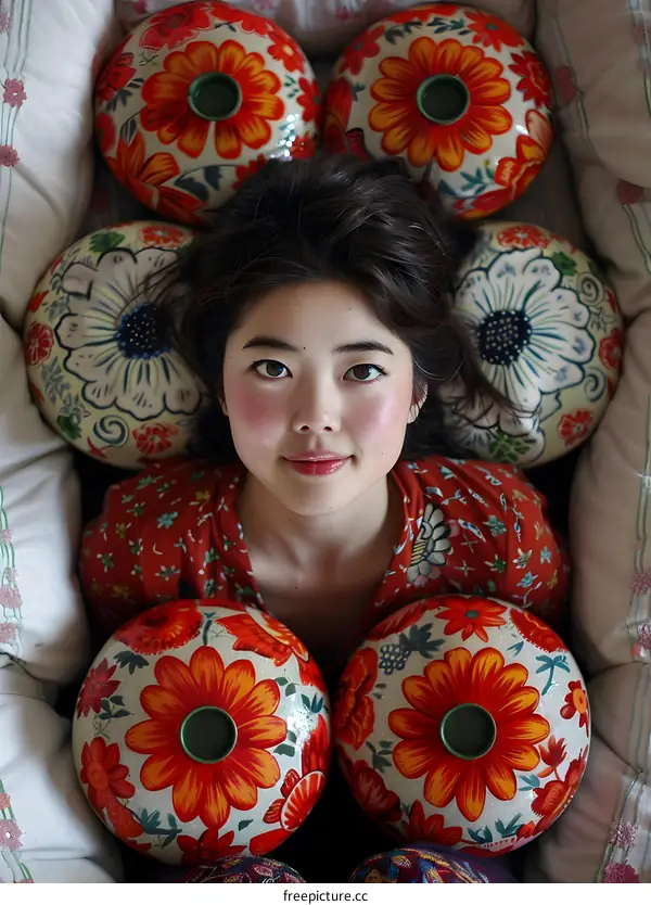 Woman Surrounded by Decorative Floral Balls