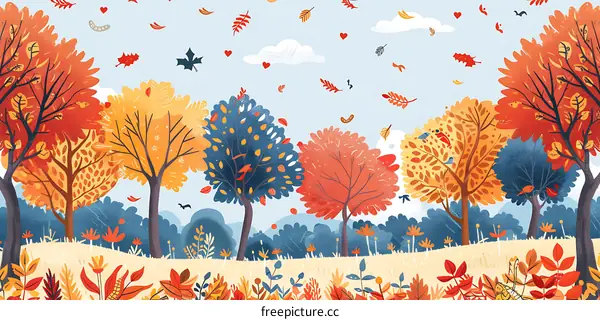 Autumn Forest Illustration with Colorful Trees and Falling Leaves