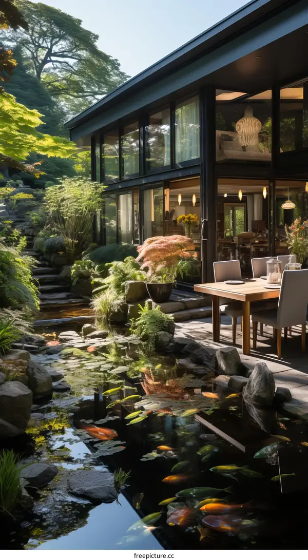 A tranquil Japanese garden with a pond and a house in the background