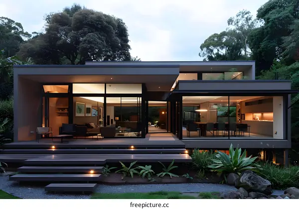 Modern House with Large Windows and Wooden Deck