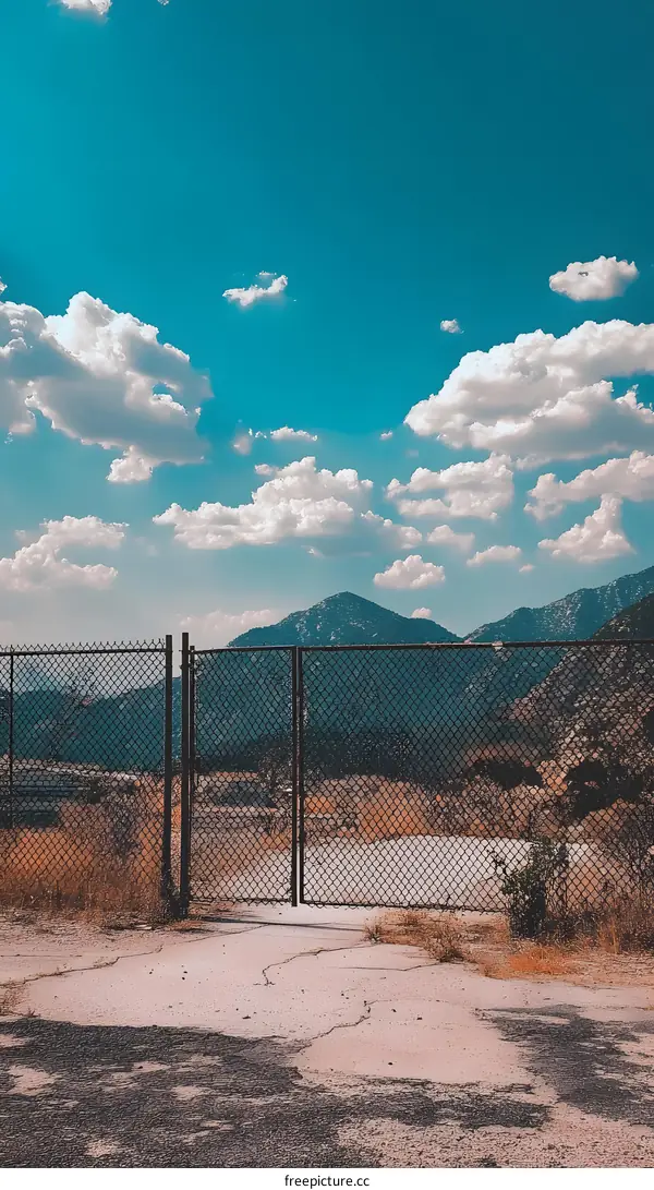 Blue Sky with White Clouds Over Mountains and Fence