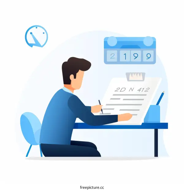 Young adult man in casual clothing sitting at his desk filling out a document while holding a pen in his hand