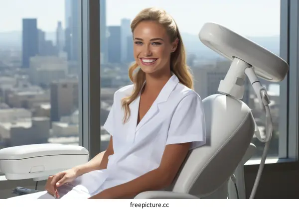 Portrait of a smiling young female dentist sitting in a dental chair