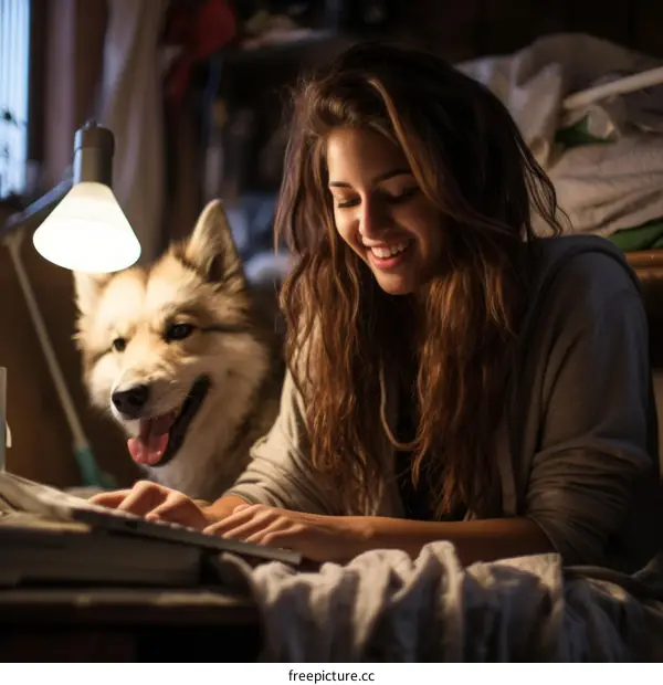 Young woman smiling while sitting at her desk with her dog