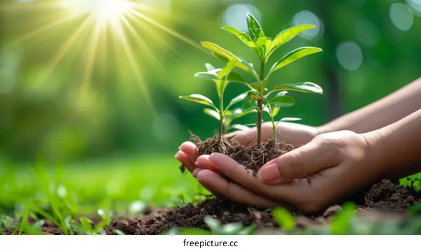 A hand holding a handful of soil with two small plants growing out of it with a bright green background