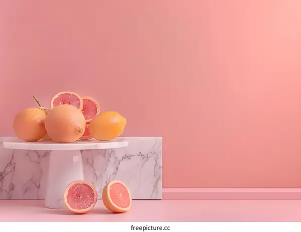 Pink Background With Fresh Grapefruit And Lemon On Marble Cake Stand