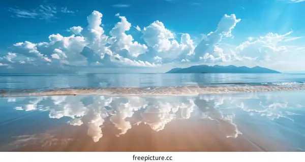 Tranquil Seascape with Fluffy Clouds and Distant Mountains