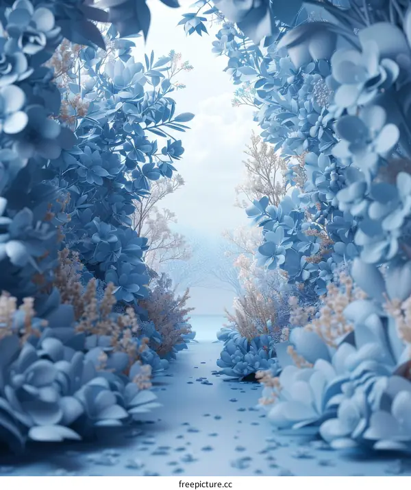 Blue flowers and plants in a 3D rendering image