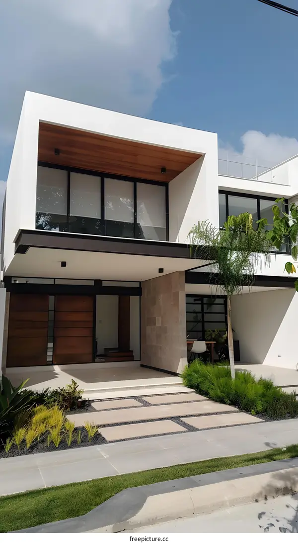 Modern House Exterior with Wooden Accents and Landscaping