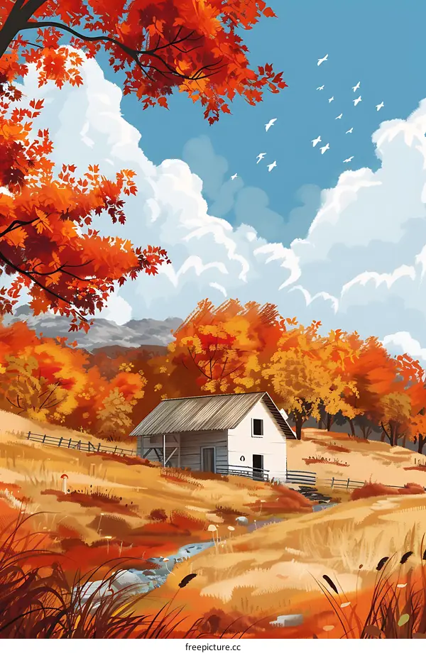 Autumn Landscape with White Farmhouse and Stream
