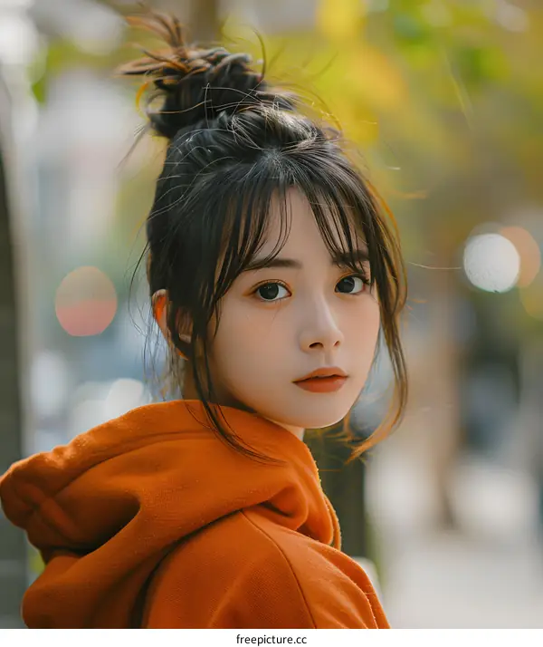 Portrait of a Young Woman with Brown Hair in a Orange Hoodie
