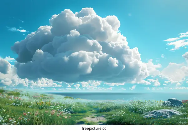 A large white cloud is floating in the sky above a green field of grass and flowers.