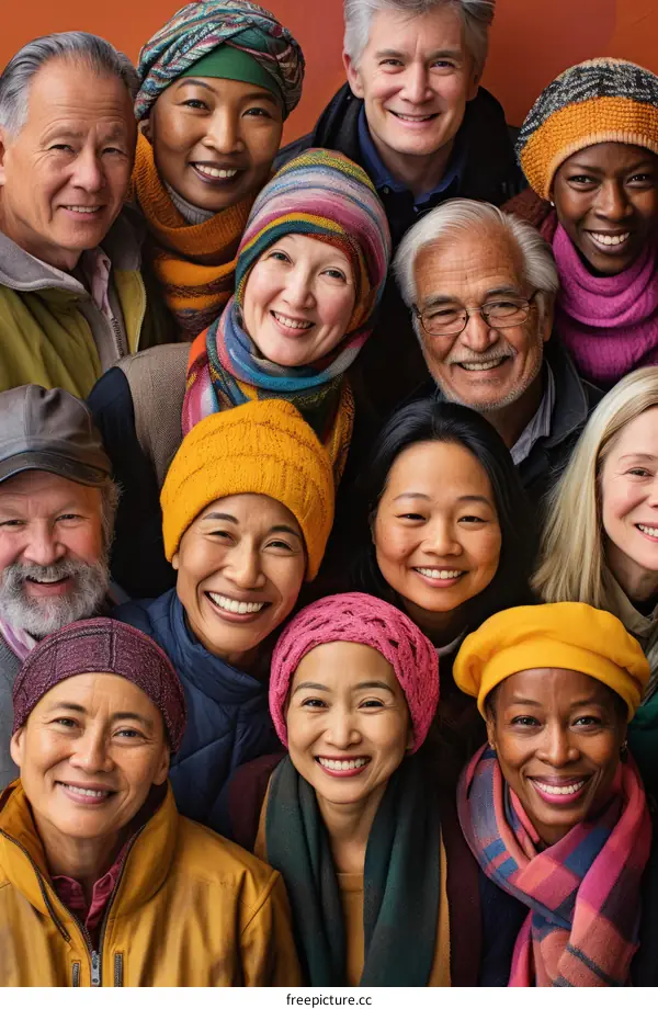 A group of diverse people of different ages and ethnicities are smiling and wearing colorful scarves and hats.