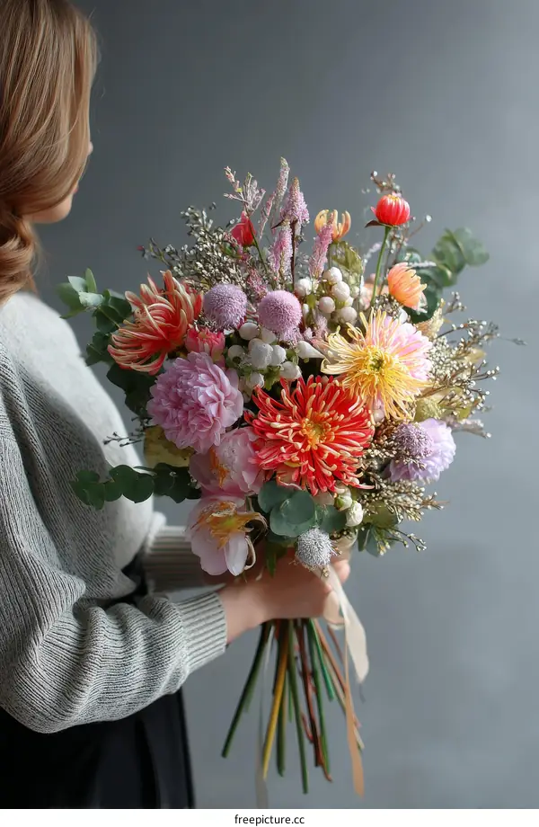 Beautiful Bouquet of Colorful Flowers Held by a Woman