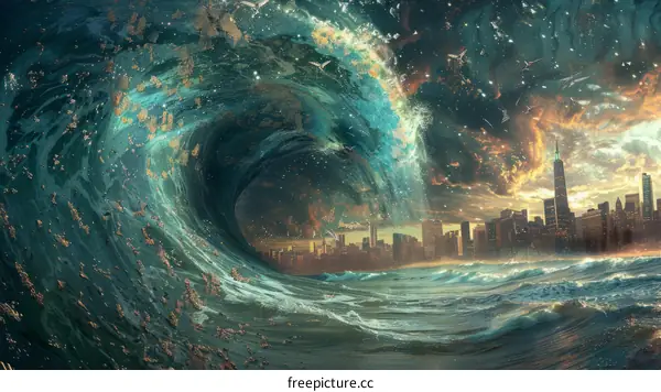 Tsunami Wave Approaching City
