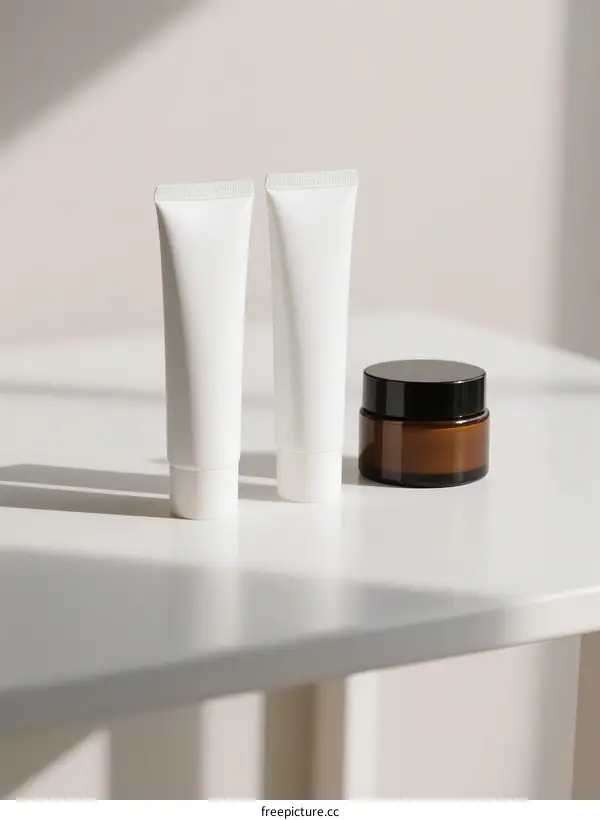 Three Cosmetic Containers on White Table with Soft Lighting