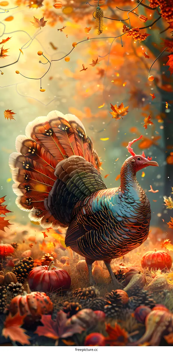 A turkey standing in an autumn forest