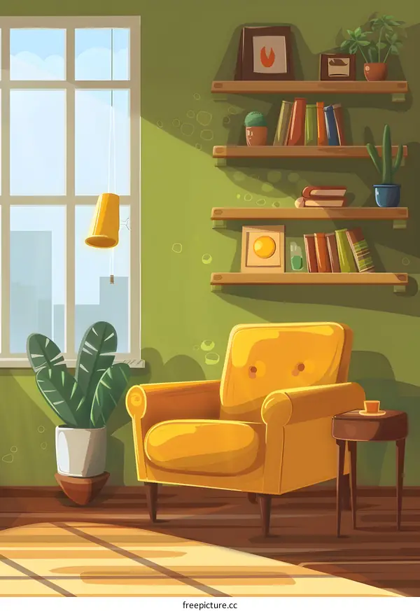 Cozy Living Room Illustration With Yellow Armchair And Bookshelves