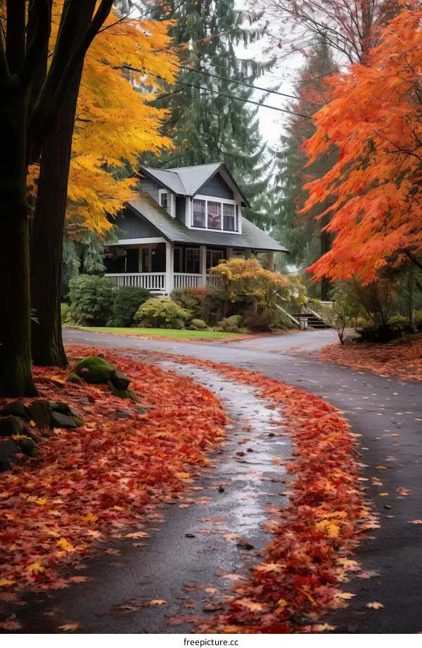 Charming cottage nestled amidst a vibrant autumn forest