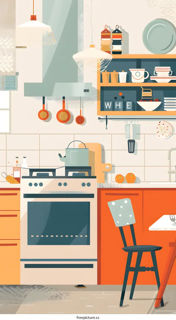 Modern Kitchen Interior Illustration with Stove, Cabinets, and Chair