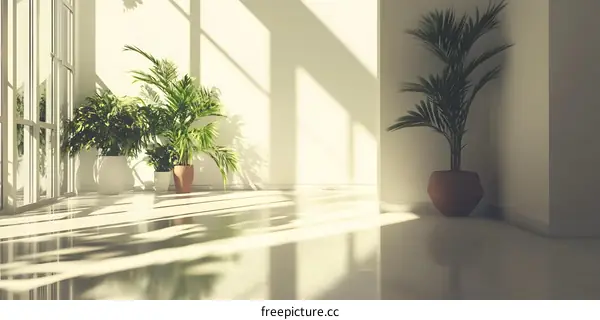 Sunlight Streaming Through Window In Minimalist Interior With Potted Plants