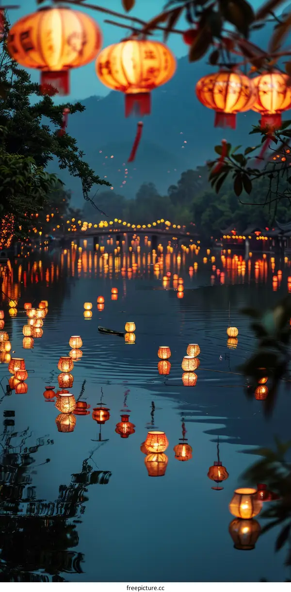 Lanterns Floating on a River During a Festival