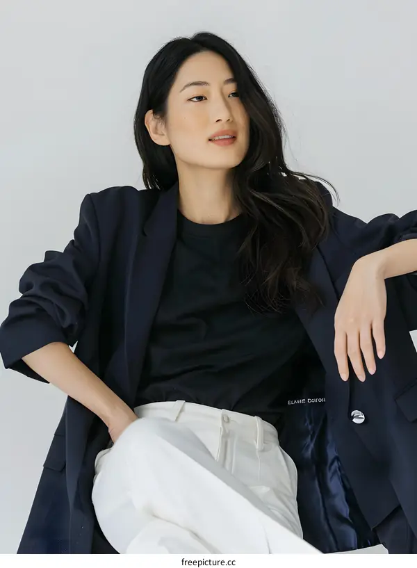 Portrait of a young Asian woman in a blue blazer and white pants