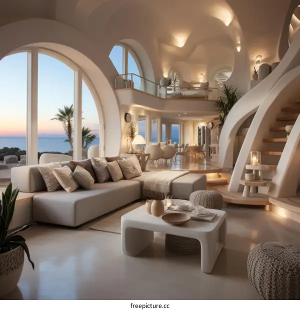 Contemporary Villa Living Room Design with Sea View