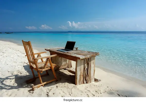 Beachside Workspace with Laptop