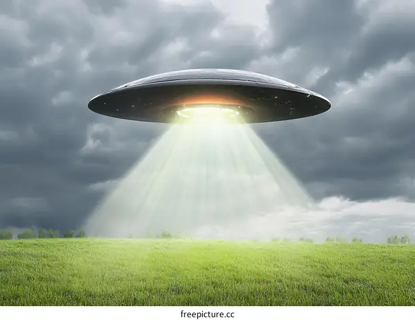 UFO Flying Over Green Field With Light Beam