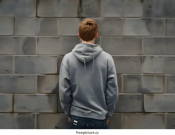 Man in Grey Hoodie Standing Facing a Brick Wall