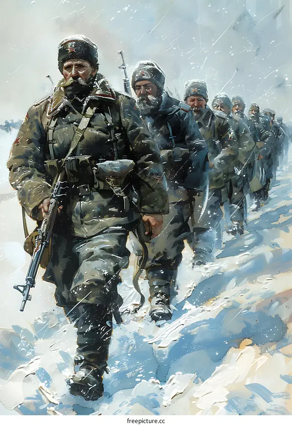 A group of soldiers wearing winter gear and carrying rifles march through the snow.