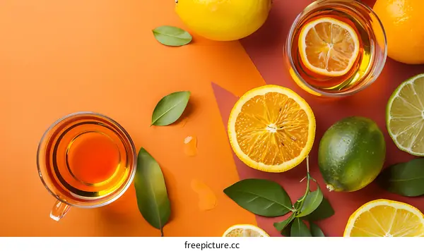 Citrus Fruits and Tea on Orange and Brown Background