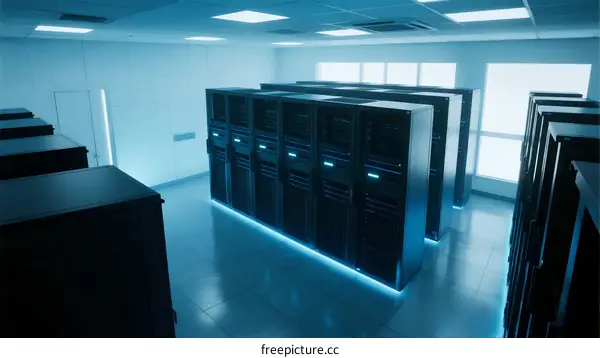 Data Center with Rows of Server Racks and Blue Lighting