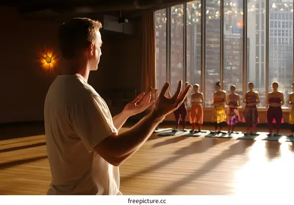 Yoga Instructor Leading Group Class In Bright Studio