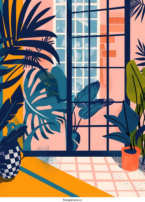Tropical Plants Window Illustration
