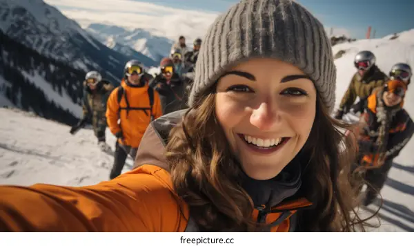 A group of friends on a skiing trip take a selfie together at the top of a mountain.