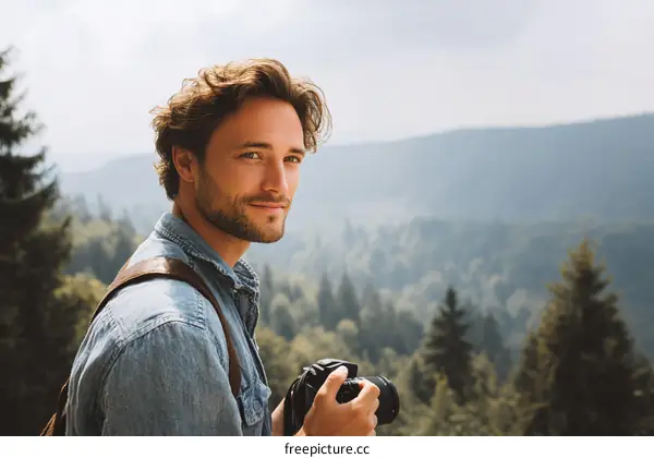 Smiling Man with Camera in Mountains