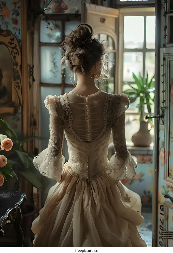 A Woman in a Vintage Dress Stands by a Window