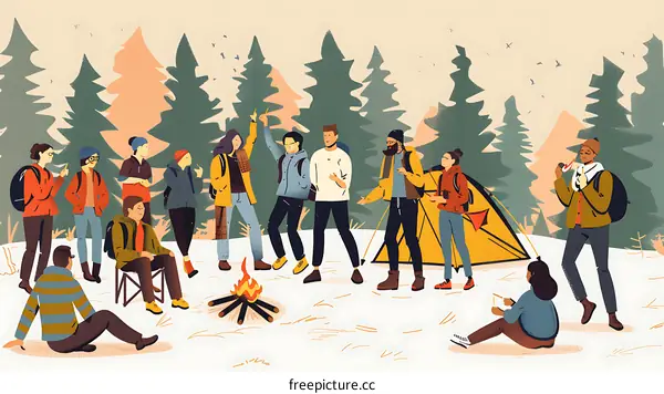 Group of Friends Camping Around Bonfire in Winter