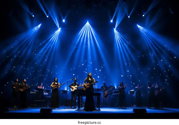 Musicians perform on a stage with blue lights in the background